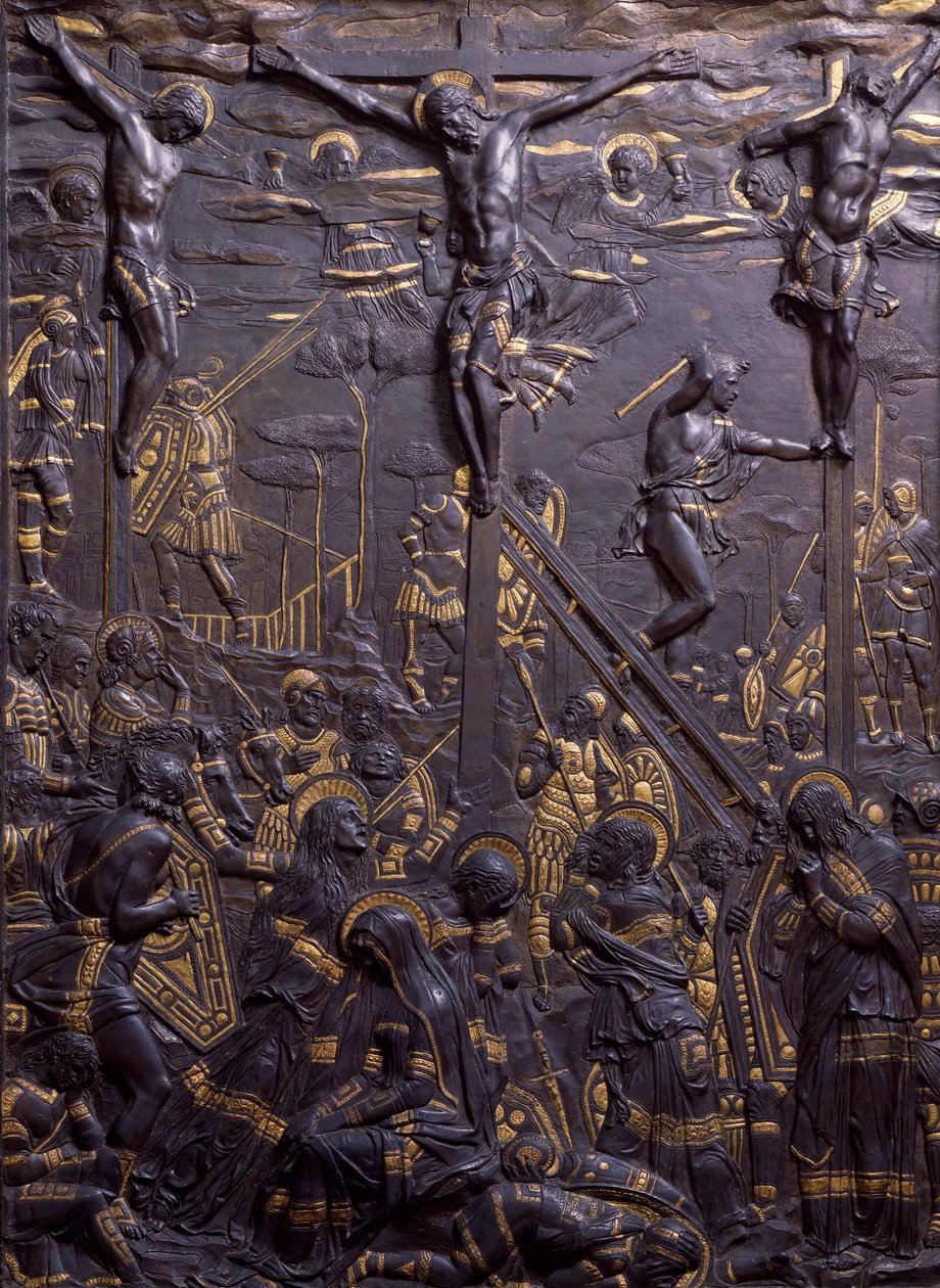 صلب المسيح ، حوالي 1465 ، بواسطة دوناتيلو (حوالي 1386-1466) ، نقش برونزي دمشقي ، 93 × 70 سم. إيطاليا بواسطة دوناتيلو