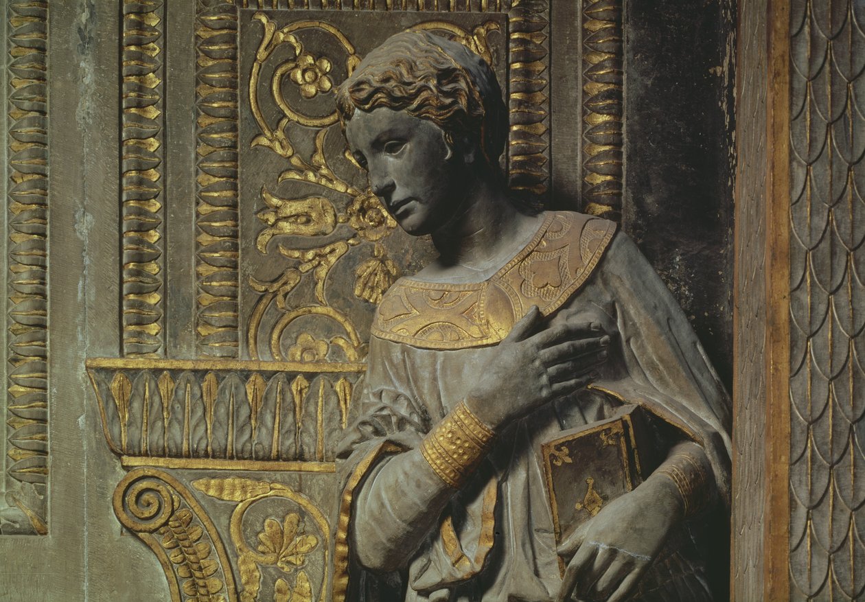 إعلان Cavalcanti: تفاصيل العذراء بواسطة Donatello 1386-1466 c.1435 بالحجر الجيري المذهب بواسطة دوناتيلو