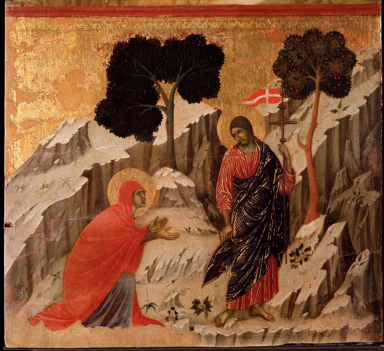 Appearance of Jesus to Mary Magdalene after resurrection. Maesta altarpiece (tempera and gold on wood بواسطة دوتشيو دي بونينسينيا