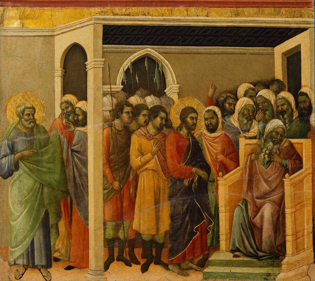 المسيح أمام قيافا ، تفاصيل البلاط من حلقات من آلام المسيح وقيامته ، السطح العكسي لـ Maesta 'of Duccio Altarpiece في كاتدرائية سيينا بواسطة دوتشيو دي بونينسينيا