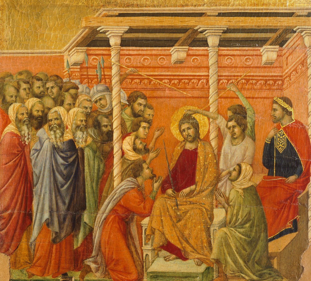 تتويج بالأشواك ، تفاصيل البلاط من حلقات من آلام المسيح وقيامته ، السطح العكسي لـ Maesta 'of Duccio Altarpiece في كاتدرائية سيينا بواسطة دوتشيو دي بونينسينيا
