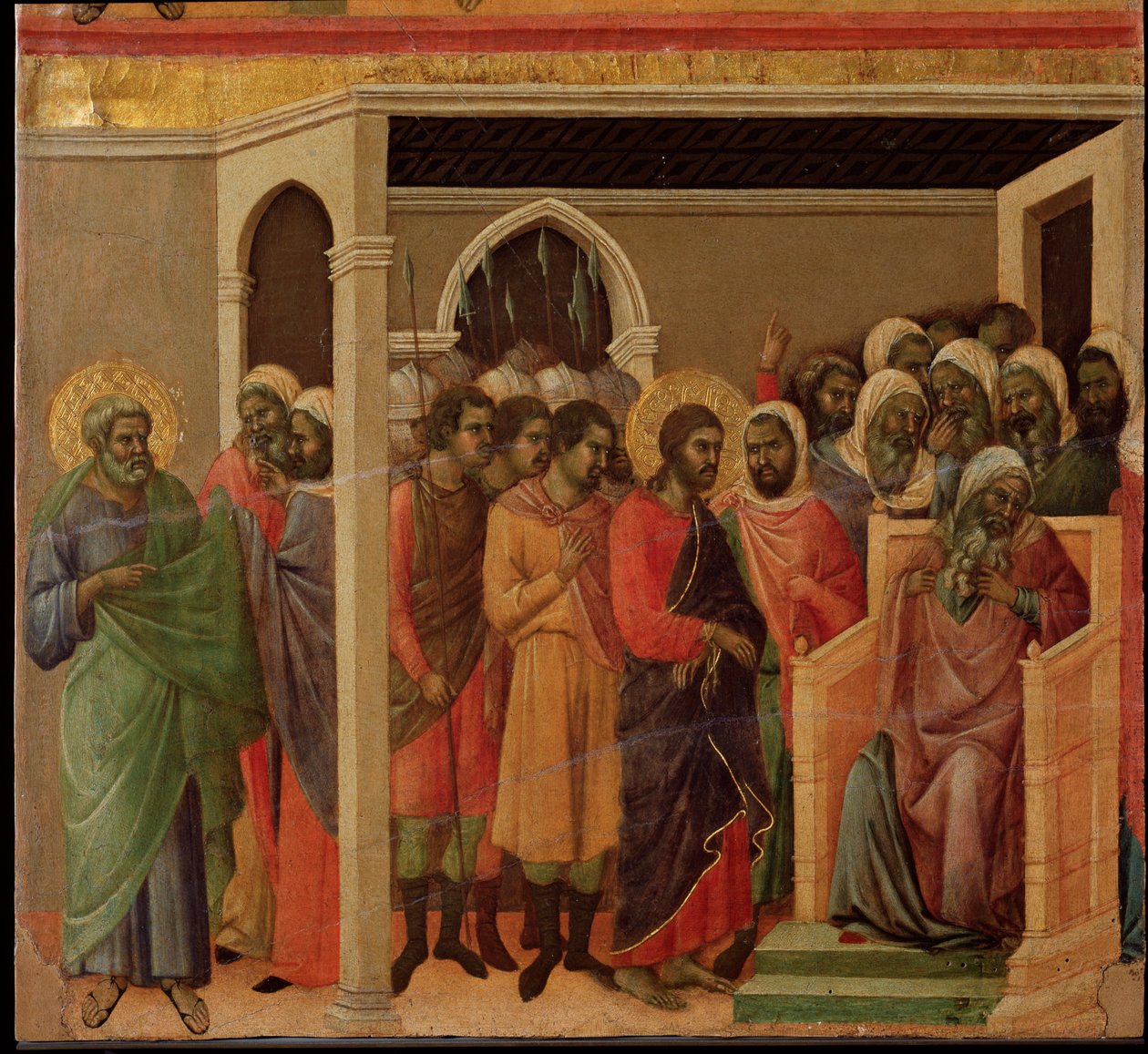 Jesus in front of Caiaphas. Maesta altarpiece (tempera and gold on wood بواسطة دوتشيو دي بونينسينيا