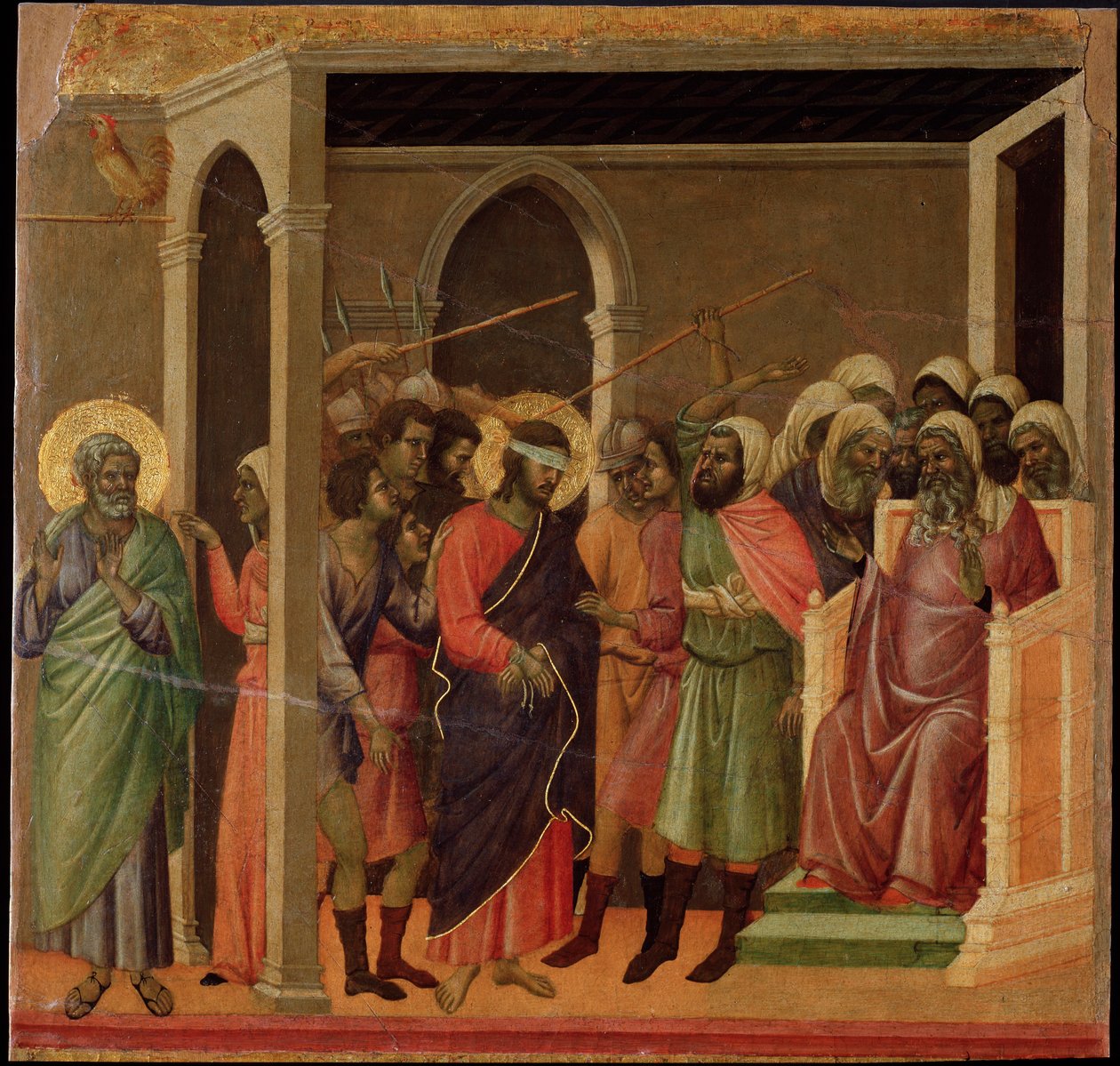 Jesus scorned. Maesta altarpiece (tempera and gold on wood بواسطة دوتشيو دي بونينسينيا