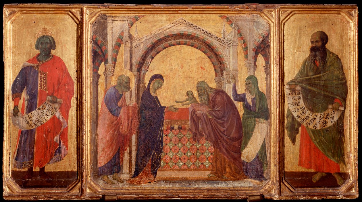حياة المسيح: الملك سليمان التقديم في الهيكل ملاخي. Predellla of La Maesta (تمبرا على خشب بواسطة دوتشيو دي بونينسينيا