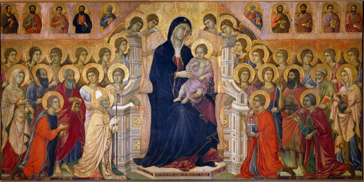 ميستا مادونا لديها طفل على العرش يجله القديسون والملائكة. لوحة مركزية. فريسكو من Duccio di Buoninsegna (1255-1319) بواسطة دوتشيو دي بونينسينيا