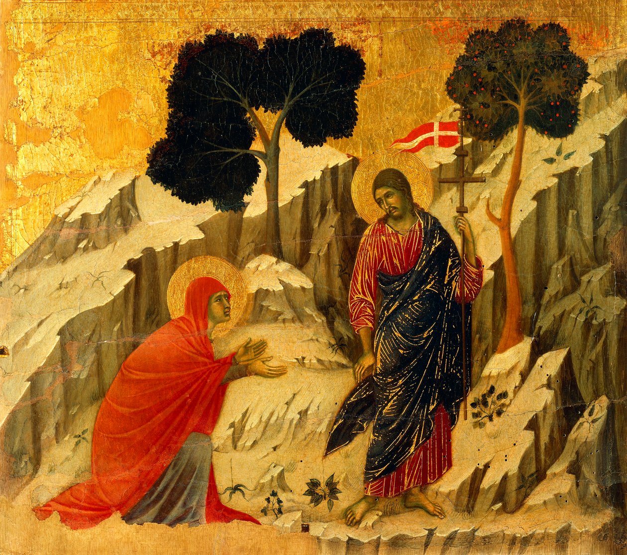 Noli Me Tangere (لا تلمسني) ، تفاصيل البلاط من حلقات من آلام المسيح وقيامته ، السطح العكسي لـ Maesta 'of Duccio Altarpiece في كاتدرائية سيينا بواسطة دوتشيو دي بونينسينيا