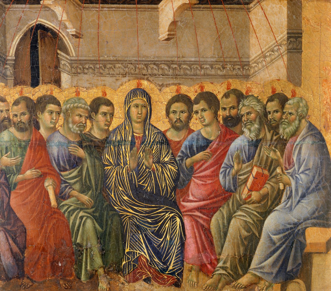عيد العنصرة ، تفاصيل من حلقات من آلام المسيح وقيامته ، السطح العكسي لـ Maesta 'of Duccio Altarpiece في كاتدرائية سيينا بواسطة دوتشيو دي بونينسينيا