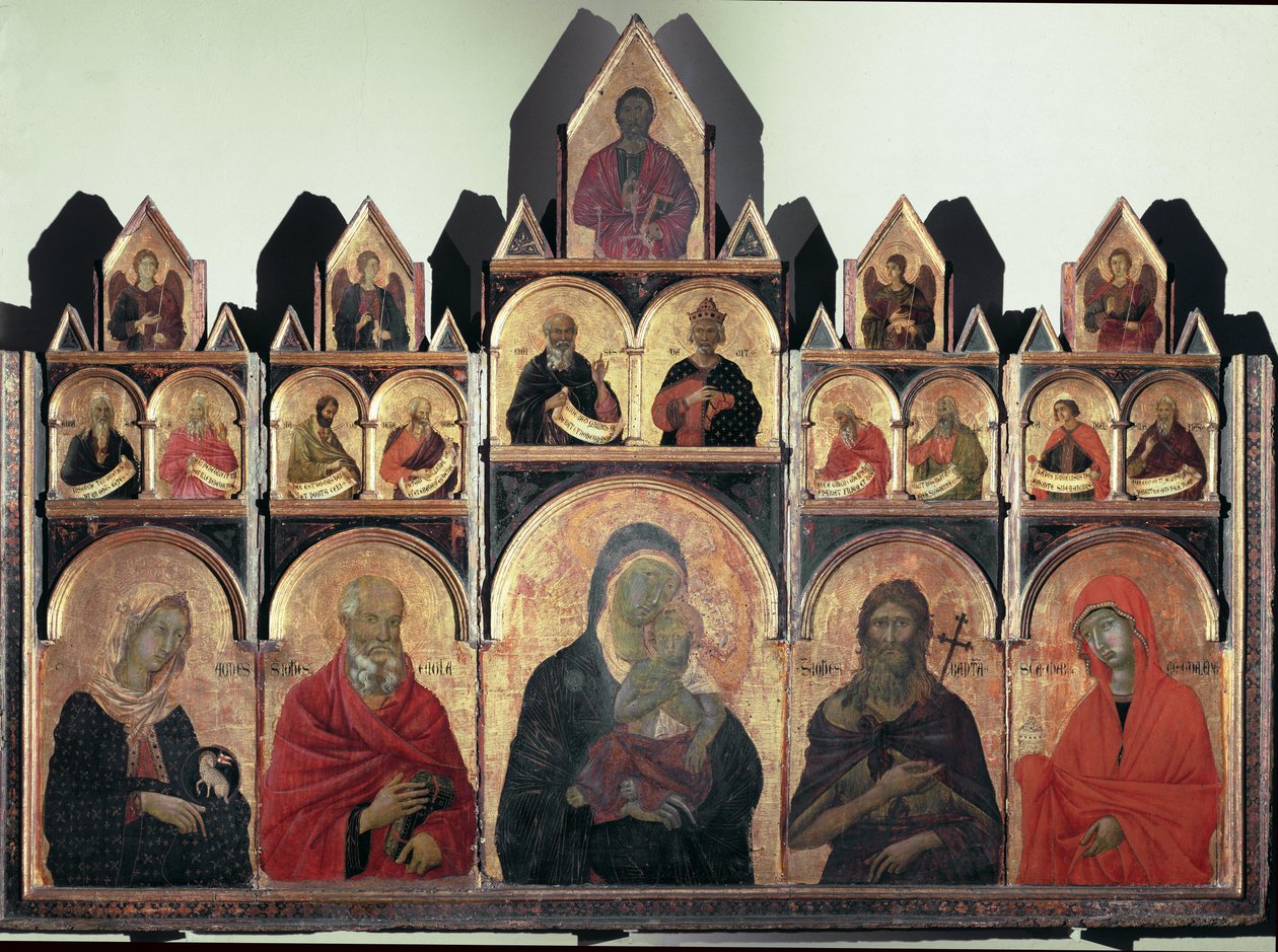 Polyptych N 47 - القديس أغنيسي ، القديس يوحنا ، العذراء مع الطفل ، القديس يوحنا المعمدان والقديس مريم المجدلية - تمبرا على لوحة بواسطة دوتشيو دي بونينسينيا