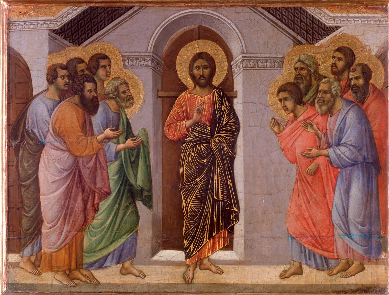 Resurrected Jesus appears to the apostles. Maesta altarpiece (tempera and gold on wood بواسطة دوتشيو دي بونينسينيا