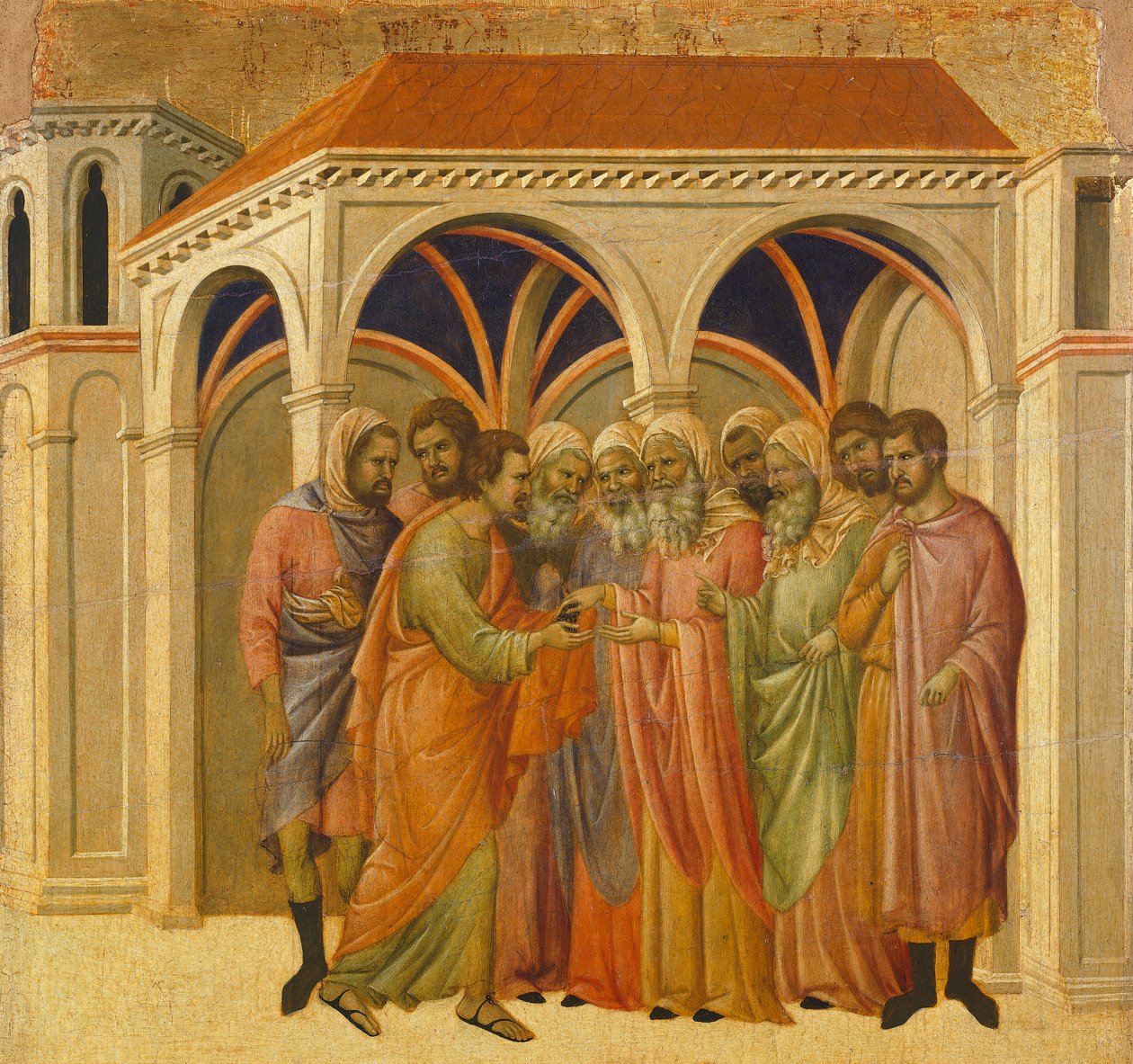 خيانة يهوذا ، تفاصيل البلاط من حلقات من آلام المسيح وقيامته ، السطح العكسي لـ Maesta 'of Duccio Altarpiece في كاتدرائية سيينا بواسطة دوتشيو دي بونينسينيا