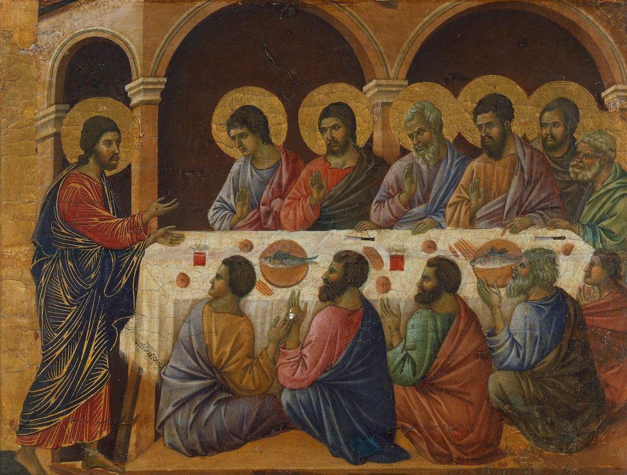 العشاء الأخير ، تفاصيل البلاط من حلقات من آلام المسيح وقيامته ، السطح العكسي لـ Maesta 'of Duccio Altarpiece في كاتدرائية Sienaby Duccio di Buoninsegna (كاليفورنيا 1255 - قبل 1319) ، تمبرا على الخشب بواسطة دوتشيو دي بونينسينيا