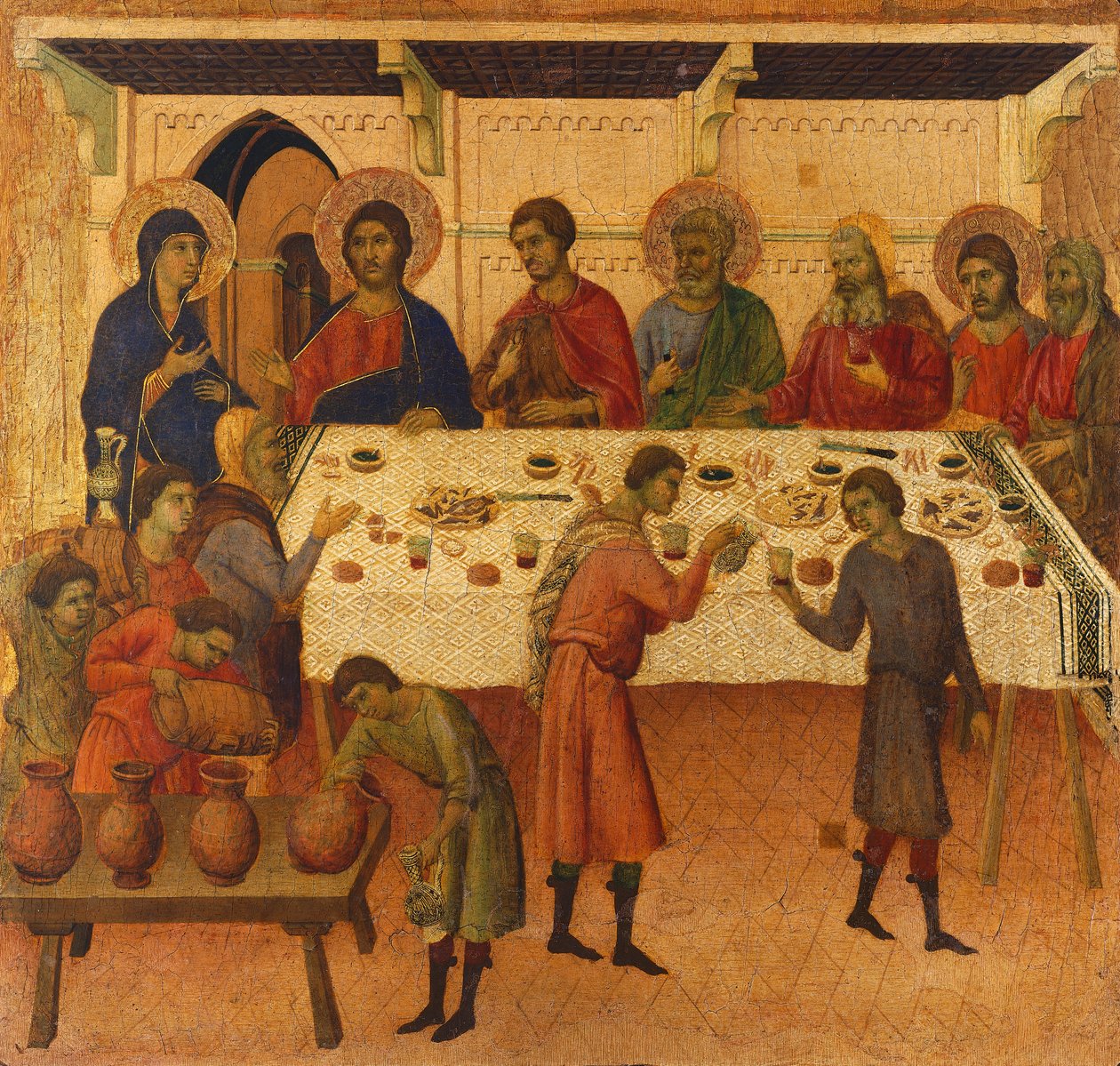 حفل الزفاف في قانا ، تفاصيل البلاط من حلقات من آلام المسيح وقيامته ، السطح العكسي لـ Maesta 'of Duccio Altarpiece في كاتدرائية سيينا بواسطة دوتشيو دي بونينسينيا