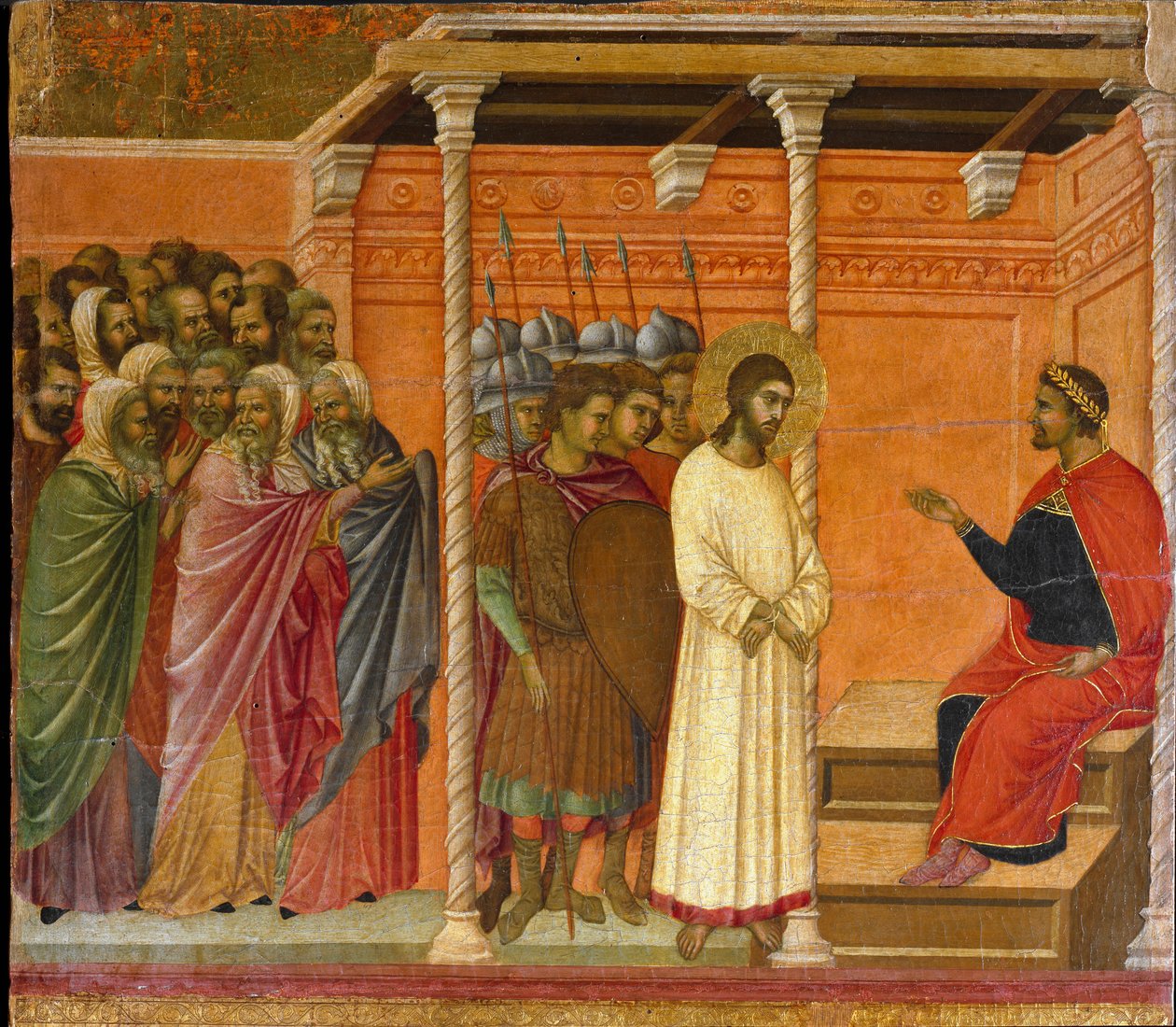 The second interrogation of Christ by Pontius Pilate - Back of the Maesta altarpiece بواسطة دوتشيو دي بونينسينيا