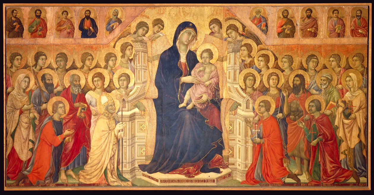 Virgin enthroned with Child, surrounded by Angels and Saints, central panel of the Maesta بواسطة دوتشيو دي بونينسينيا
