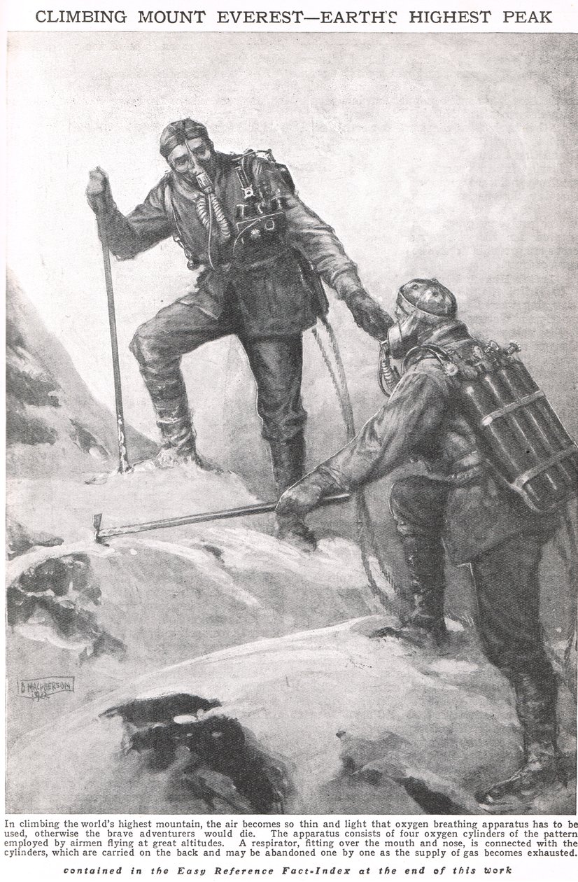 تسلق جبل إيفرست ، رسم توضيحي من كتاب نيوزن للمعرفة المصورة ، c.1920 بواسطة دنكان ماكفيرسون