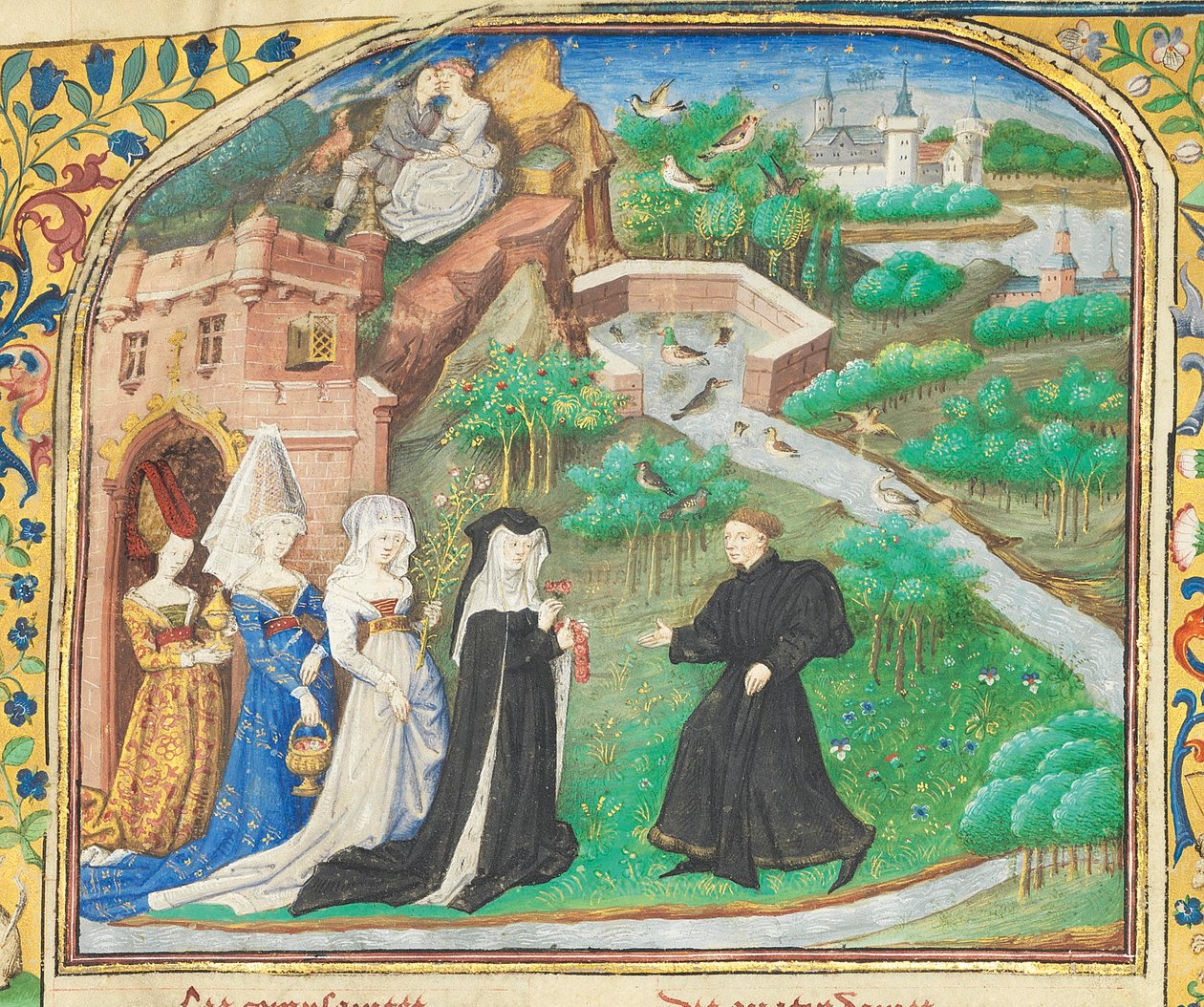صفحة من كتاب "La Belle Dame Sans Merci" لألان تشارتير ، باريس ، أوائل القرن الخامس عشر بواسطة دانويس ماستر