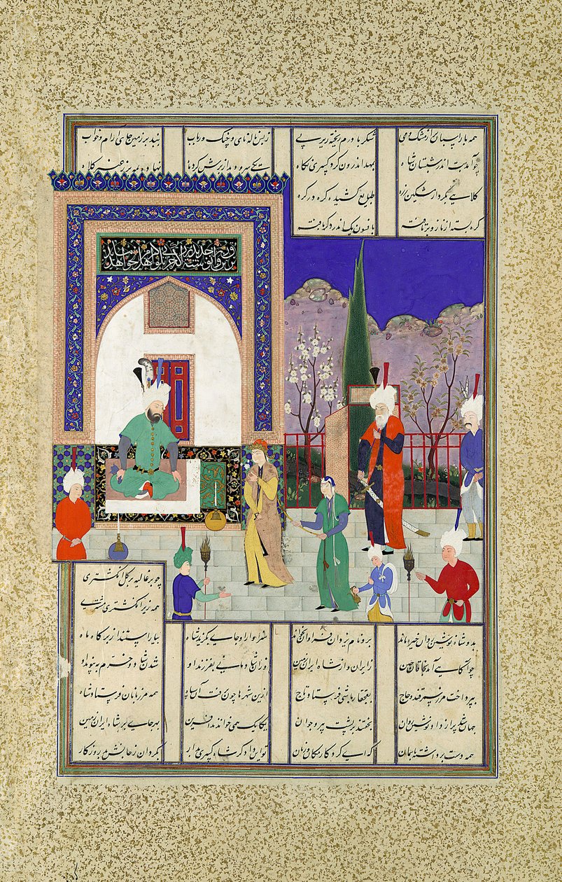 نوشيرفان يحيي ابنة خاقان ، ورقة 633v من كتاب شاهنامه في ... ، كاليفورنيا. 1530 - 35. بواسطة الغبار محمد