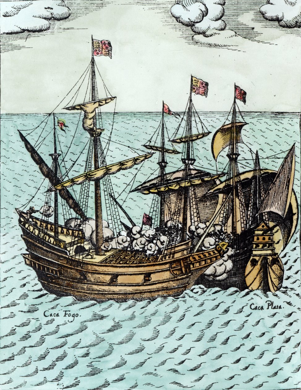 سفينة كنز إسبانية نهبها فرانسيس دريك (c.1540-96) في المحيط الهادئ (تلوين لاحق) بواسطة المدرسة الهولندية