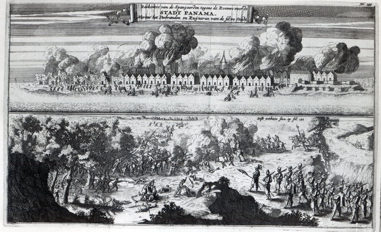 معركة بين القراصنة والأسبان أثناء الهجوم على بنما عام 1671 ، 1678 بواسطة المدرسة الهولندية