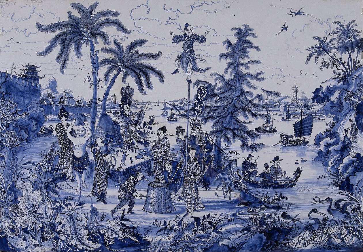 لوحة ذات مناظر طبيعية صينية وتفاصيل مذهب ، ج .1680 (القيشاني) بواسطة المدرسة الهولندية