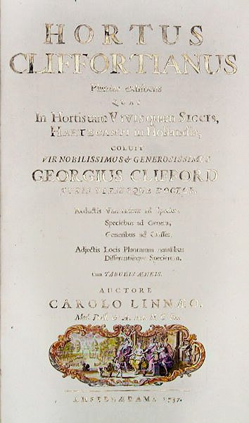 صفحة عنوان Hortus Cliffortianus بقلم كارل لينيوس (1707-78) أمستردام ، 1737 (طباعة) بواسطة المدرسة الهولندية