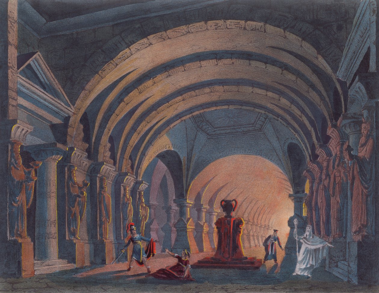 قانون سميراميس الرابع من روسيني ، نُشر في كتاب عن تصميم المسرح في أمستردام عام 1845 بواسطة المدرسة الهولندية