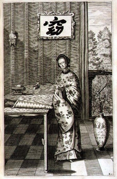 امرأة صينية مع العندليب ، من "رسوم الصين المصورة" لأثناسيوس كيرشر (1601-80) 1667 (نقش) بواسطة المدرسة الهولندية