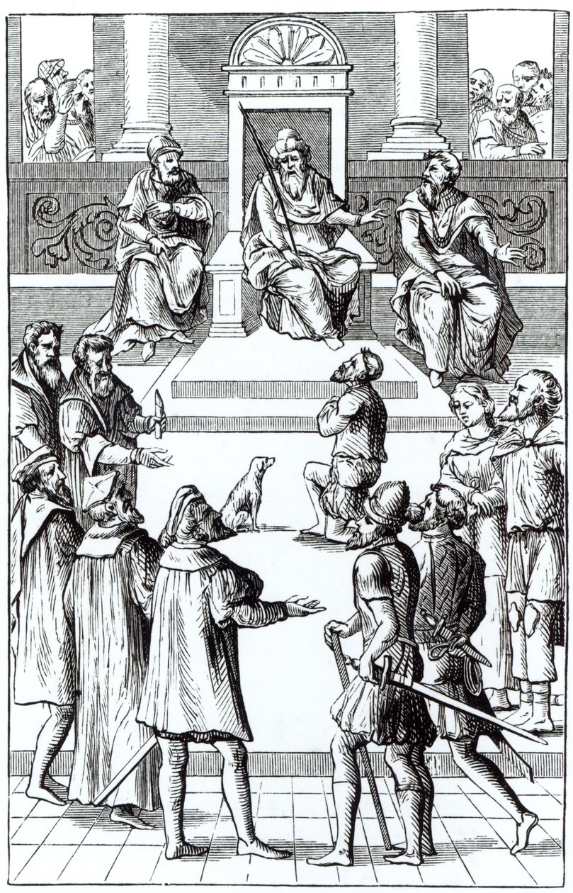 اعتراف بتعديلات أمام المحكمة ، بعد قطع خشبية في Praxis Rerum Criminalium بواسطة Joos de Damhouder (1507-81) نشر Antwerp ، 1556 بواسطة المدرسة الهولندية