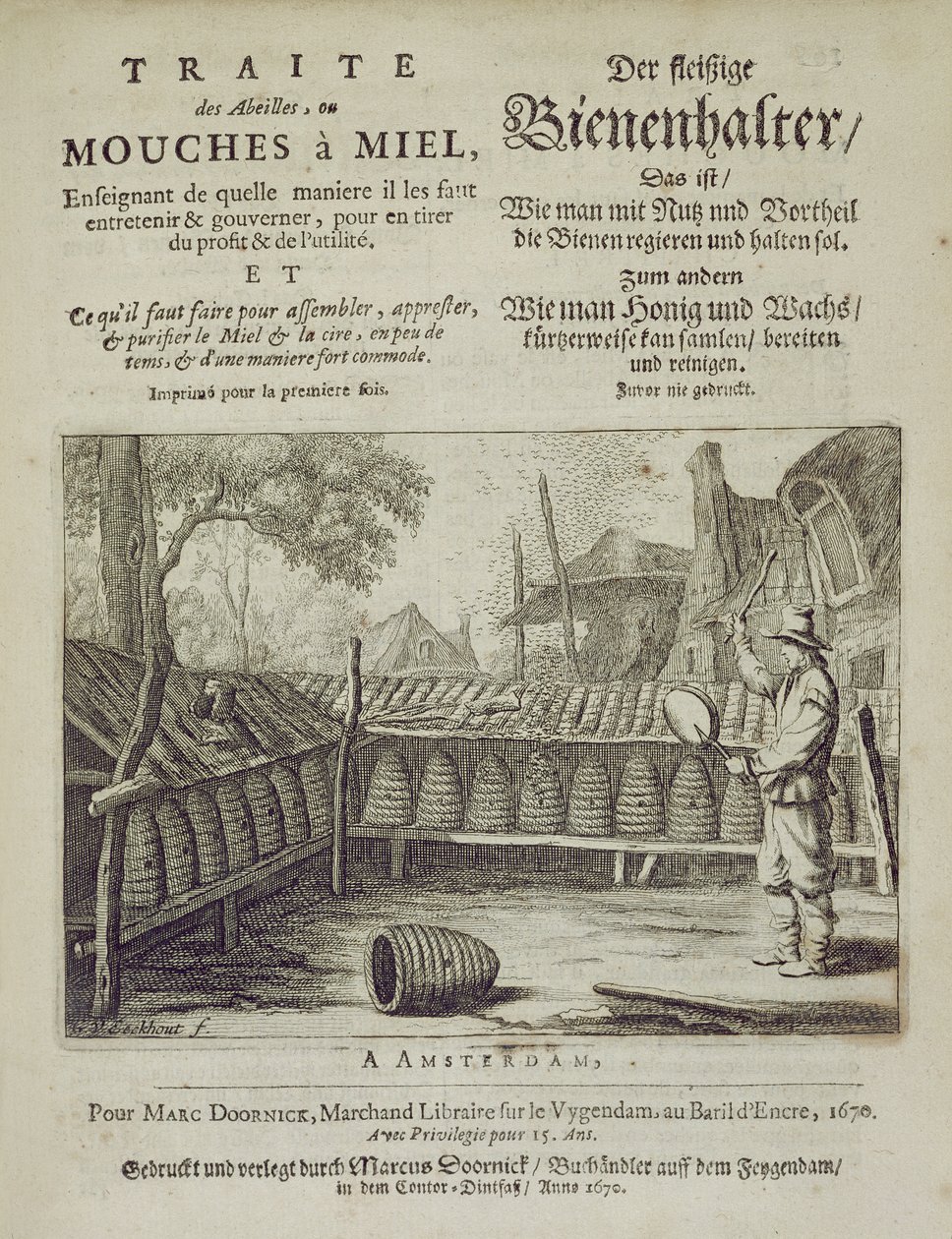 غلاف Traite des Abeilles ، ou Mouches a Miel ... طبع بالفرنسية والألمانية ، نقش بواسطة GVEckhout ، أمستردام 1670 بواسطة المدرسة الهولندية