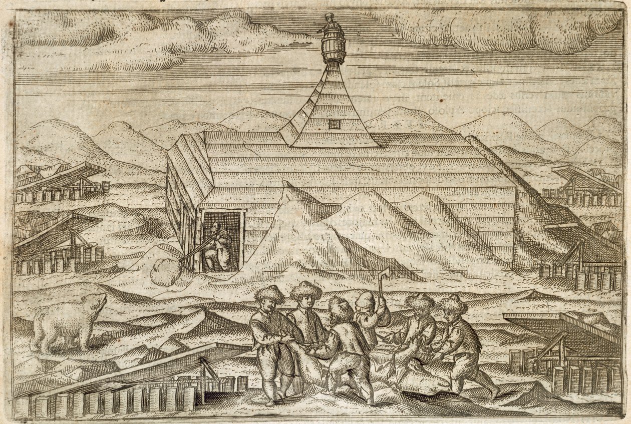قتل طاقم الدببة وسلخها ، خارج المقصورة التي قضت فيها البعثة فصل الشتاء ، رسم توضيحي من "Diarium Nauticum، seu vera descriptio trium navigationum admirandarum ..." بقلم جيريت دي فير بواسطة المدرسة الهولندية