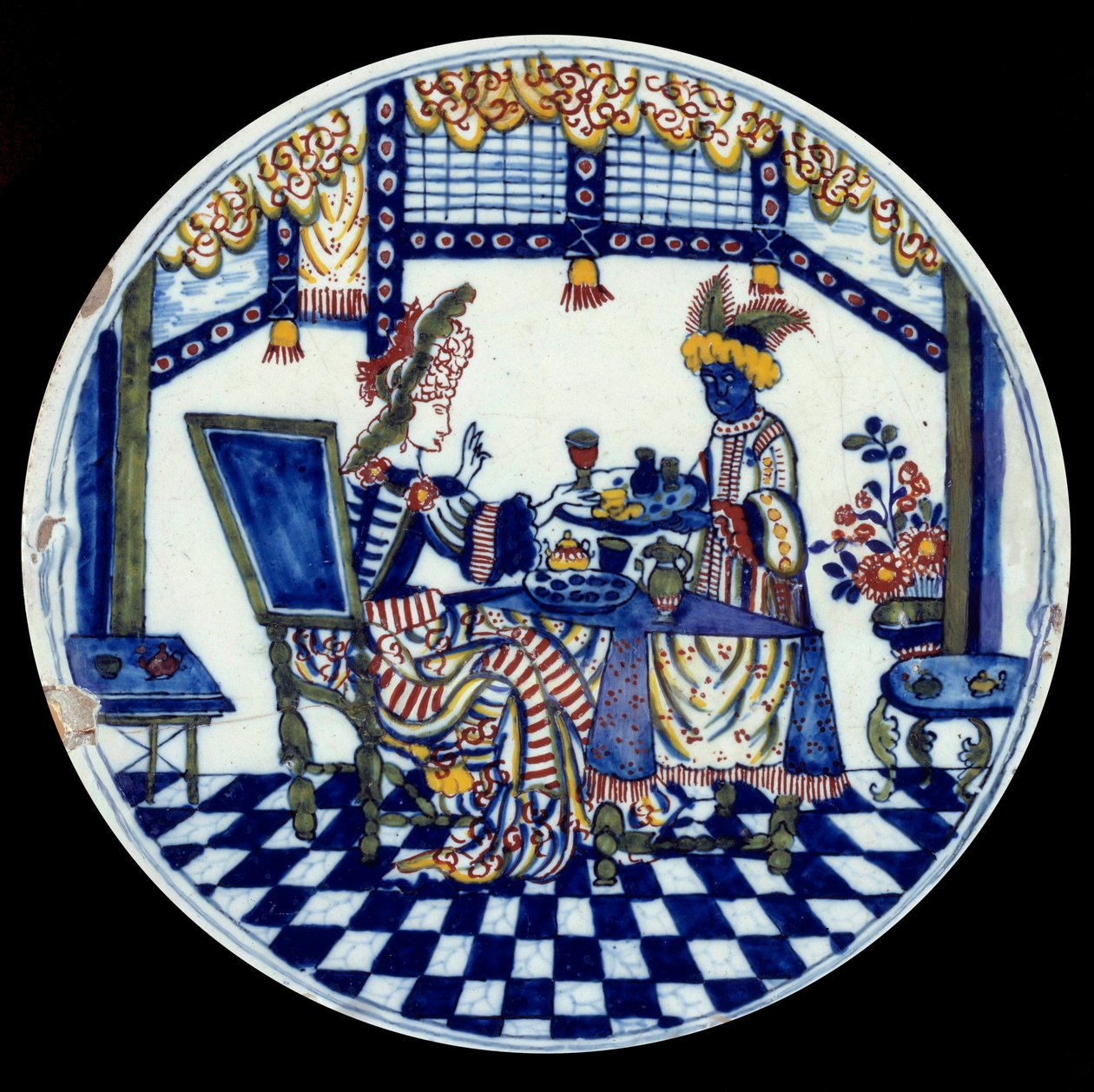 طبق من الخزف Delft يمثل امرأة على طاولة يخدمها خادمها الأسود. 1705 سيفرس ، المتحف الوطني للسيراميك بواسطة المدرسة الهولندية