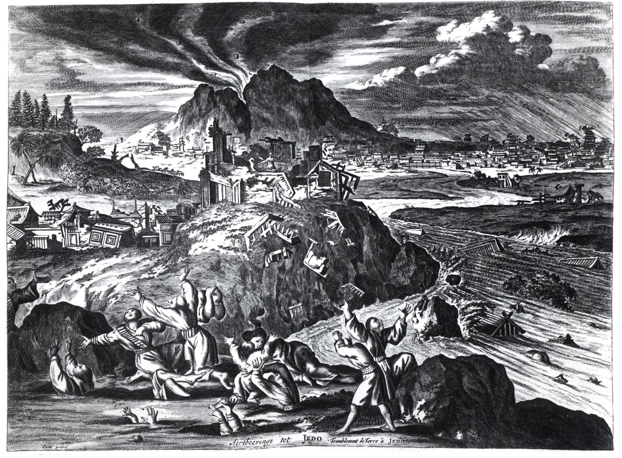 زلزال في إيدو (طوكيو) عام 1659 ، توضيح من حساب أرنولد مونتانوس للسفارات التي أرسلتها شركة الهند الشرقية الهولندية إلى إمبراطور اليابان ، نشر في أمستردام 1669 ( بواسطة المدرسة الهولندية