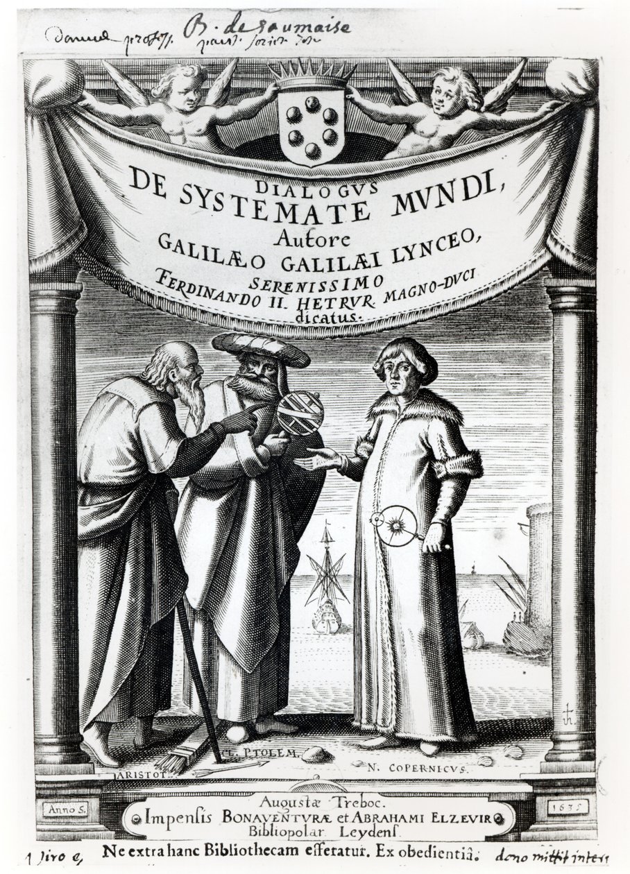 واجهة نظام الحوار في العالم بواسطة غاليليو (1564-1642) ، المنشورة في ليدن ، 1635 بواسطة المدرسة الهولندية