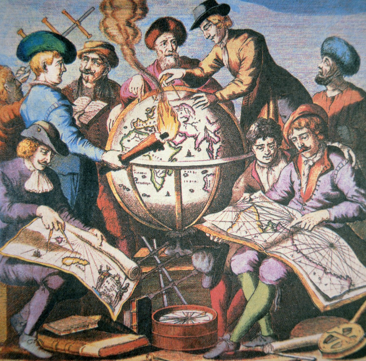 Frontispiece of Dutch Chart Atlas showing a group of cartographers and instruments, c.1710 (colour litho) بواسطة المدرسة الهولندية