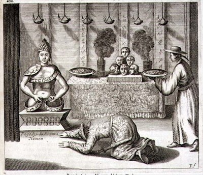الجزء الداخلي من معبد لإله هندي ، من "رسوم الصين المصورة" لأثناسيوس كيرشر (1601-80) 1667 (نقش) بواسطة المدرسة الهولندية