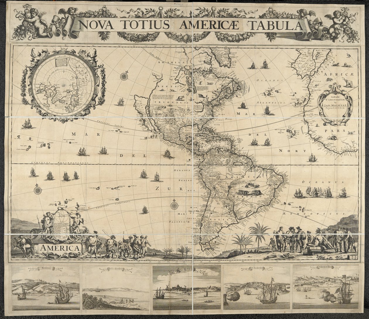 خريطة أمريكا ، Nova totius Americae Table ، [مع مناظر من] بنما ، Caput S. Augustini ، نيو أمستردام ، S. Savior ، Name D. God. رسمها ج.ماثيز بواسطة المدرسة الهولندية