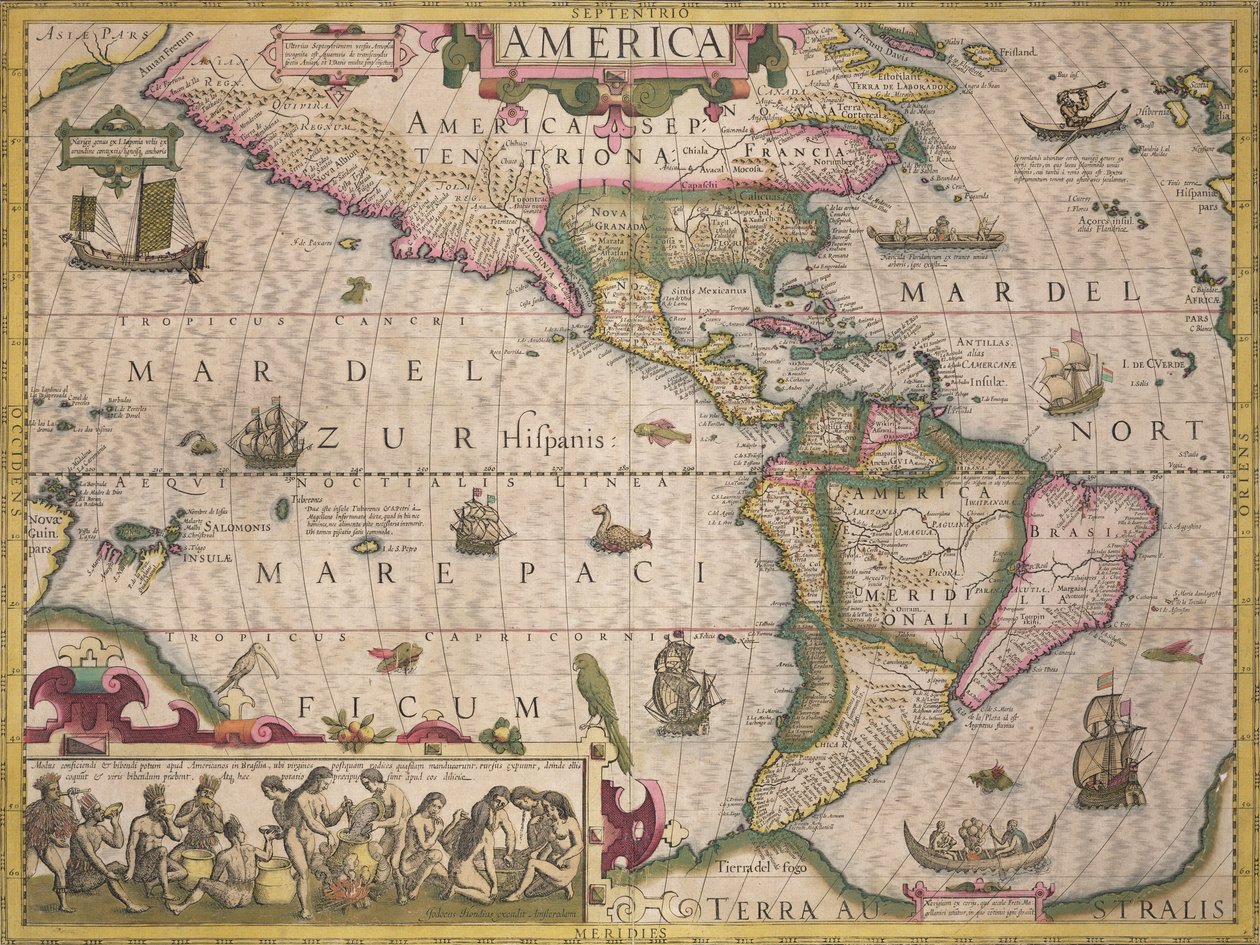 خريطة أمريكا ، من أطلس ميركاتور ، حانة. بقلم جودوكس هونديوس (1563-1612) ، أمستردام ، 1606 بواسطة المدرسة الهولندية