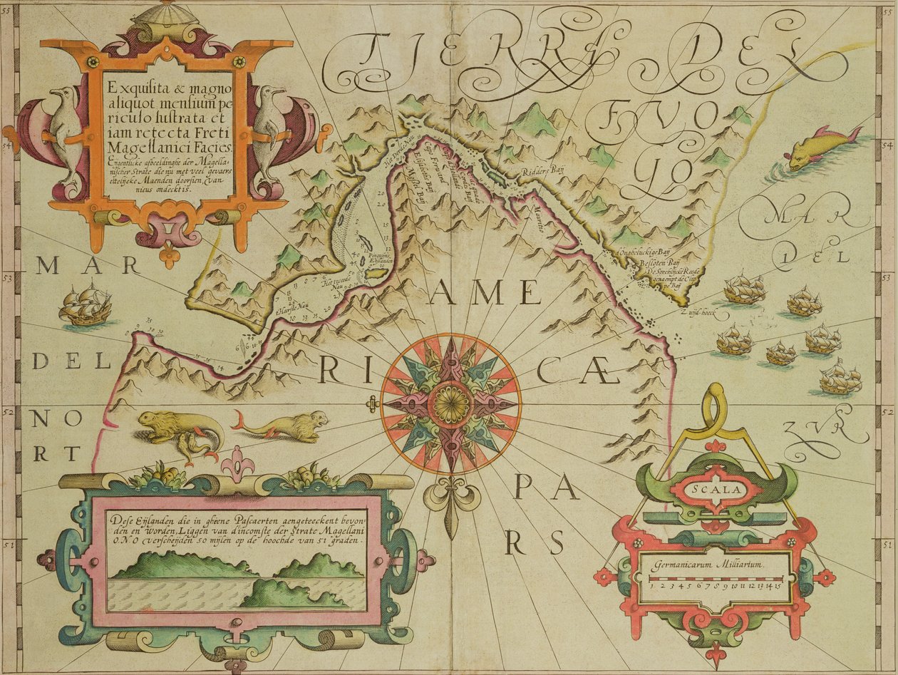 خريطة مضيق ماجلان ، باتاغونيا ، من حانة Mercator Atlas. بقلم جودوكس هونديوس (1563-1612) أمستردام ، 1606 بواسطة المدرسة الهولندية