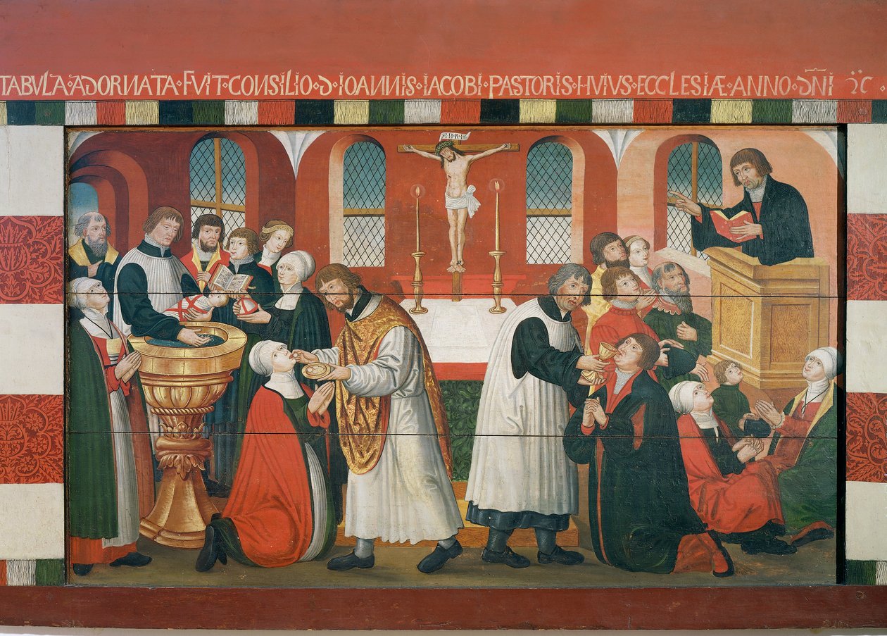 Martin Luther preaching, detail from the altarpiece of the Church of Torslunde بواسطة المدرسة الهولندية
