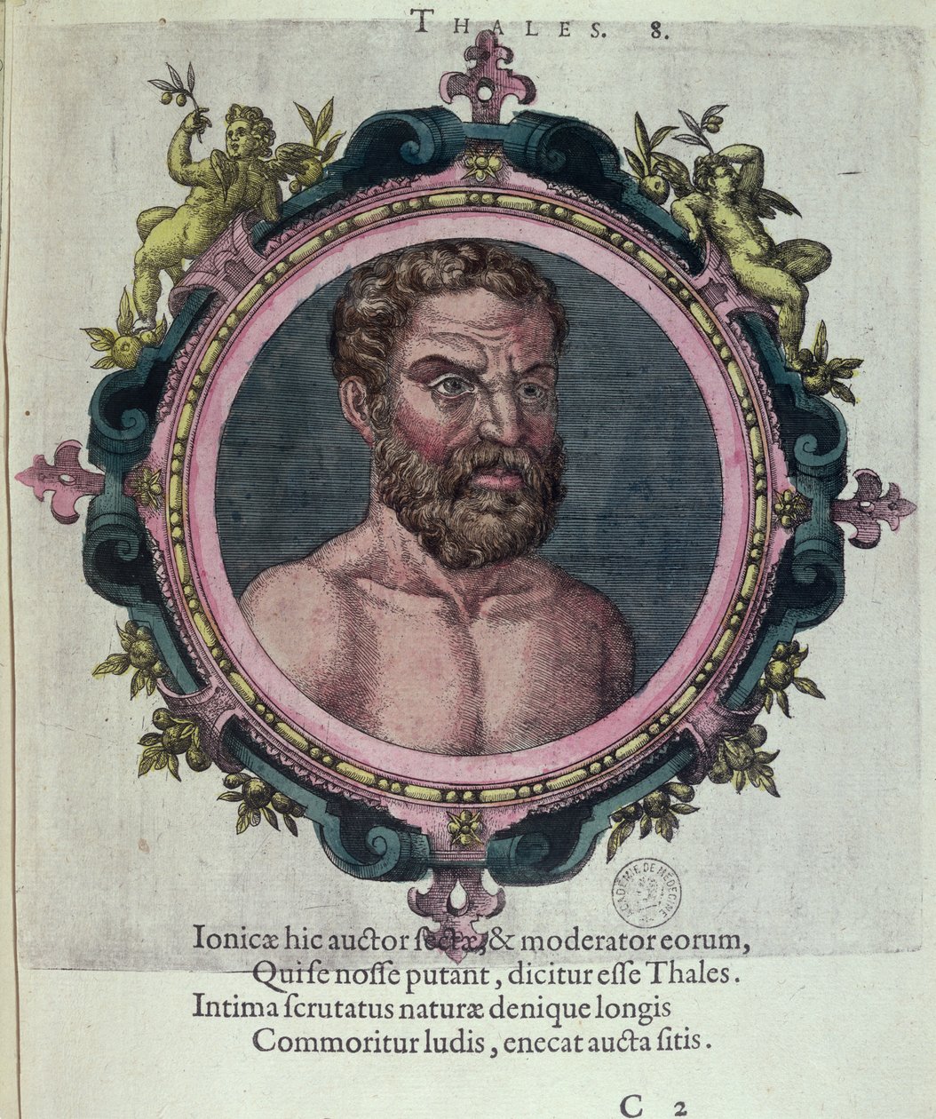 طاليس ميليتوس (c.625-547 قبل الميلاد) ، من أيقونة الأطباء والفلاسفة القدامى والجدد بقلم يوهانس سامبوكوس (1531-1584) ، التي نشرها بلانتين في أنتويرب 1574 (نقش الألوان) بواسطة المدرسة الهولندية