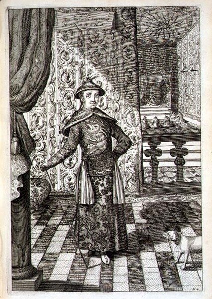 الإمبراطور الصيني والحاكم الأعلى للتتار ، من "الصين المصورة" لأثناسيوس كيرشر (1601-80) 1667 (نقش) بواسطة المدرسة الهولندية