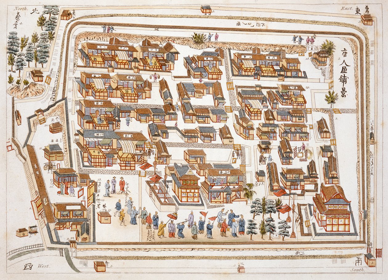تأسس المصنع الصيني في شارع تينغ تشان في نانغاساكي عام 1688 ، من الرسوم التوضيحية لليابان بواسطة إسحاق الثدي (c.1740-1812) ، المنشور لندن ، 1822 بواسطة المدرسة الهولندية