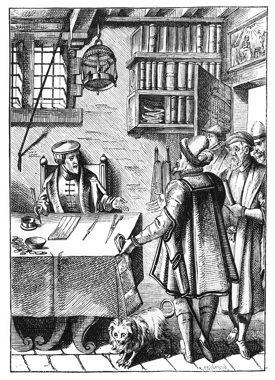 المستلم للضرائب ، بعد قطع خشبية في Praxis Rerum Civilium بواسطة Joos de Damhouder (1507-81) نشر Antwerp ، 1557 بواسطة المدرسة الهولندية