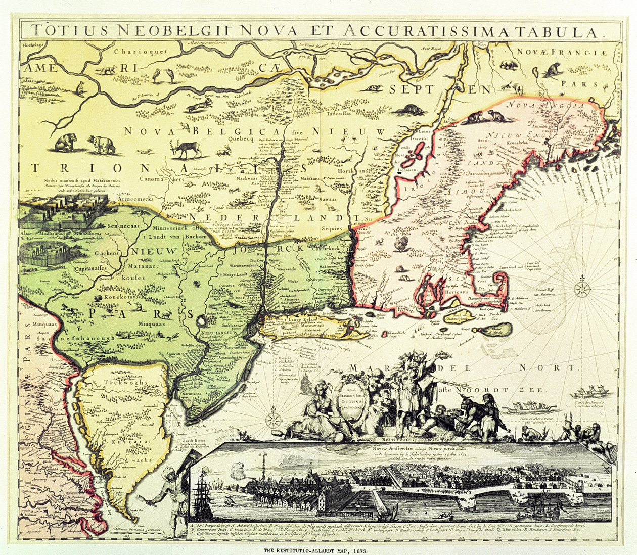 خريطة Restitutio-Allardt في نيو أمستردام ، محفورة وحانة. بواسطة Carolus Allardt ، 1673 (نقش النحاس) بواسطة المدرسة الهولندية