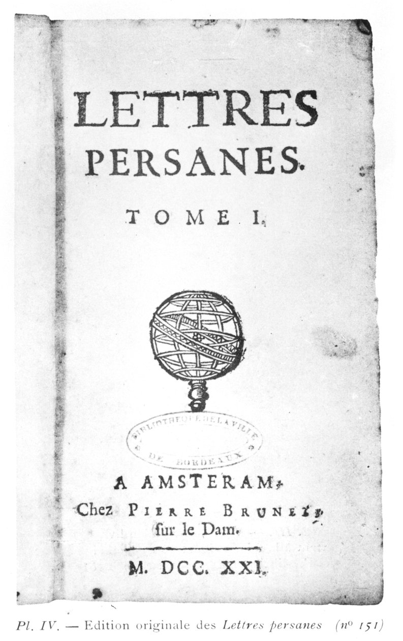صفحة عنوان Les Lettres Persanes بقلم تشارلز دي مونتسكيو (1689-1755) 1721 بواسطة المدرسة الهولندية