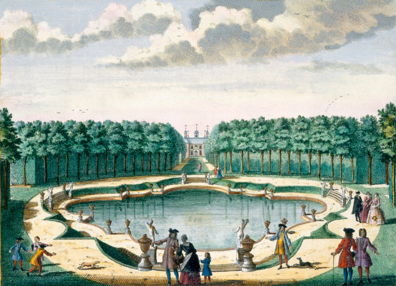 منظر للبركة تجاه الجزء الخلفي من المنزل ، Beckenstein ، من Het Zeganpralent Kennemerlant بواسطة Hendrick de Leth و Matthias Brouerius Van Nidek ، تم النشر c.1700-1730 بواسطة المدرسة الهولندية