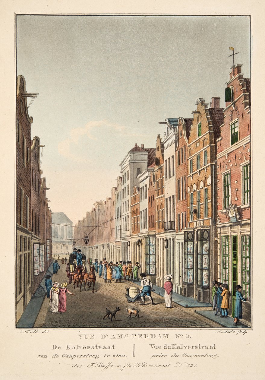 Vue d'Amsterdam رقم 2. يمكن رؤية Kalverstraat من Gappersteeg. جائزة Vue du Kalverstraat du Gaapersteeg بواسطة المدرسة الهولندية