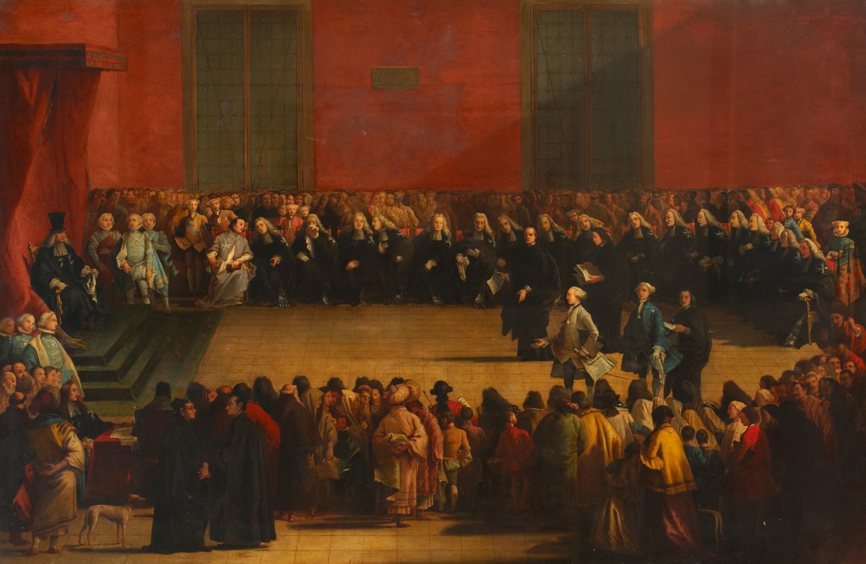 Grand Master Pinto and Council Receiving the Counts of Montegnacco and di Florio، c.1890 بواسطة إي ، بيرغينز