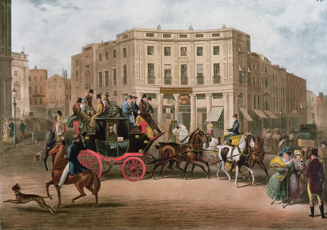 The Age، Brighton Coach at the Bull and Mouth، Regent Circus، Piccadilly ، منقوش بواسطة GVC Hunt ، 1829 بواسطة إي إف لامبرت