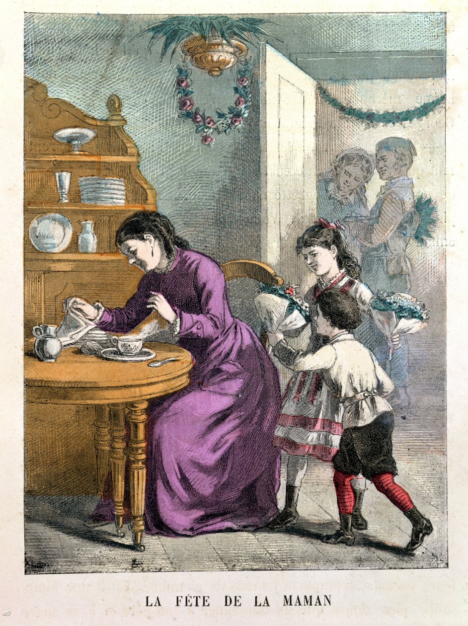La Fete de la Maman ، رسم توضيحي من Beaux Jours et Fetes des Petits Enfants بواسطة A. des Tilleuls ، أواخر القرن التاسع عشر بواسطة إي موريل